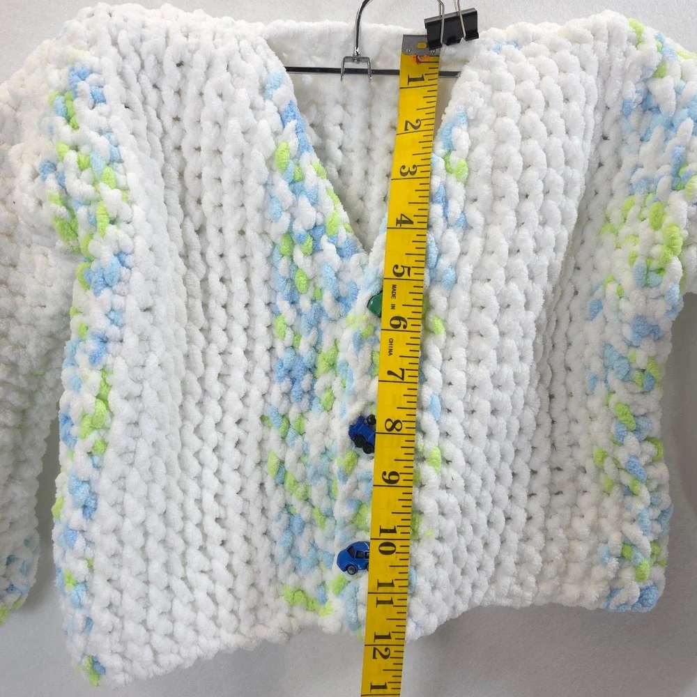 Handmade Cardigan Car Buttons White Blue Green Boys 2T-3T Cozy Knit Chenille